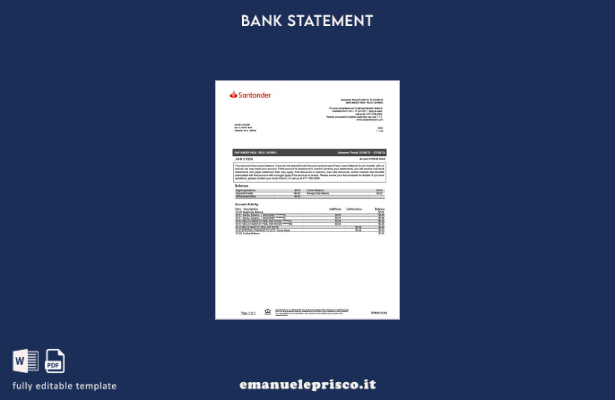 modello di parole di estratto conto bancario USA Santander in stile verificato